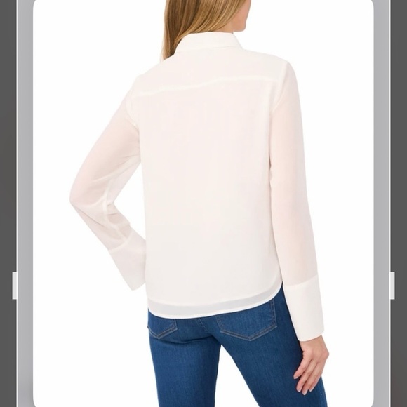 CeCe Women's Scalloped-Trim Collared Long-Sleeve Blouse in New Ivory Size S - Picture 3 of 9